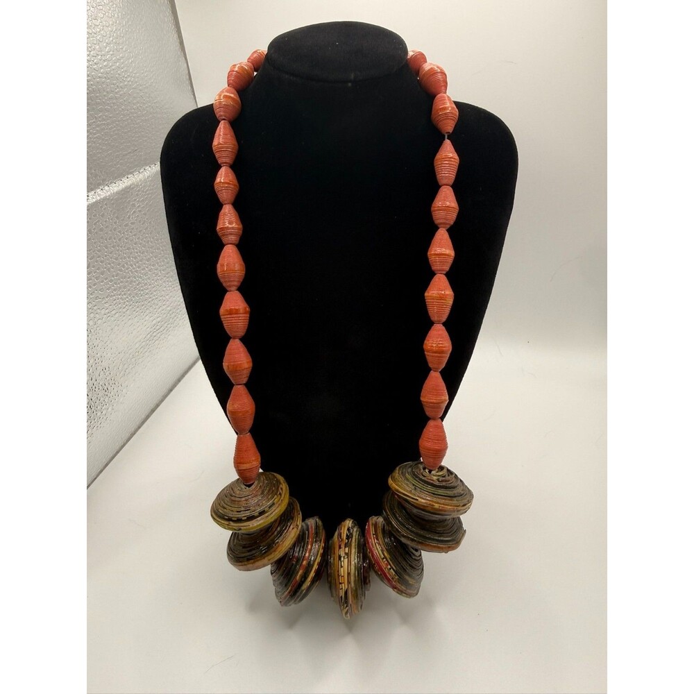 Vintage Handmade Rolled Paper Bead Necklace Orange Earthy Brass Barrel Clasp